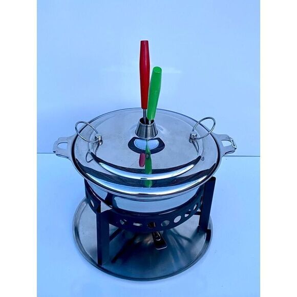 Vintage Japanese Stainless Steel Fondue Set Pot with Lid and Underplate Burner H - Picture 2 of 13